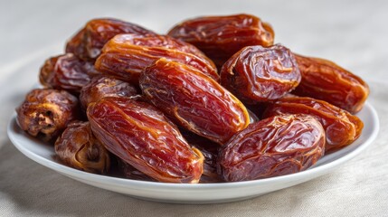Dried date palm fruits or kurma, Ramazan food, for Iftar, the religious month of Ramzan Kareem, dried dates on a white plate
