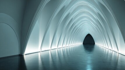 Futuristic modern tunnel with sleek white curved architecture and ambient lighting.
