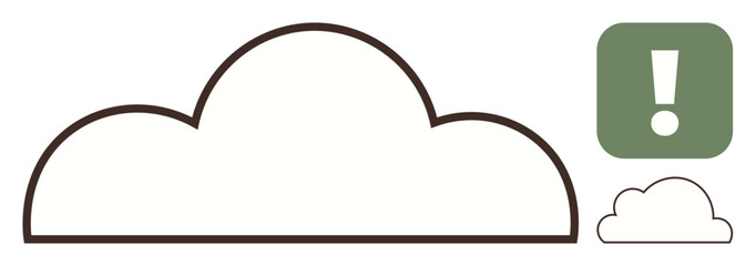 Cloud with bold contour and triangular exclamation mark, signifying caution or notification. Ideal for communication, weather forecast, tech alert, urgency, attention, cloud storage, simple flat