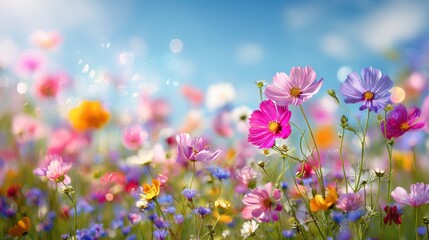 Colorful flower meadow with sunbeams and blue sky and bokeh lights in summer - nature background banner with copy space - summer greeting card wildflowers spring concept