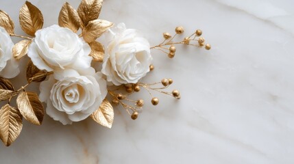 Elegant white roses and gold leaves floral arrangement on marble background for wedding decor.