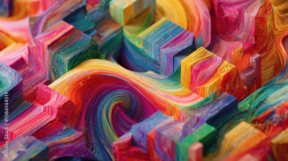 Poster bold, bright swirls of color blending seamlessly with intricate geometric designs, creating a dynami