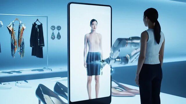 Woman interacting with virtual fitting screen in futuristic clothing store  