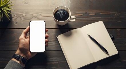Man holding a blank screen smartphone with notebook and coffee on a dark wooden table background. Copy space, mockup template for text, with copy space