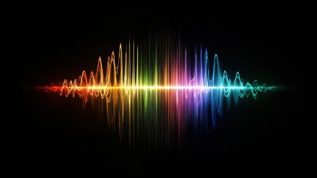 Colorful sound waves on black background. Abstract digital audio visualization. Music equalizer concept. Vibrant neon lines for technology or music design