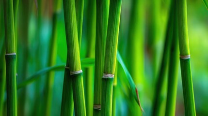 Fototapeta premium Close-up of vibrant green bamboo stalks with detailed texture and natural background.