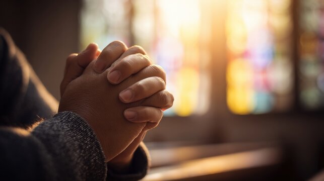 Close-up of hands clasped in prayer with blurred colorful background in warm sunlight.