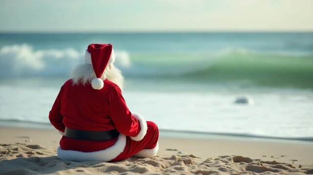 Santa claus on the beach watching sea waves