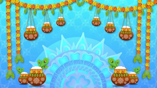 beautiful animated decoration of janmashtami festival with beautiful blue background in traditional pattern, dahi handi, pot, and peacock feathers.