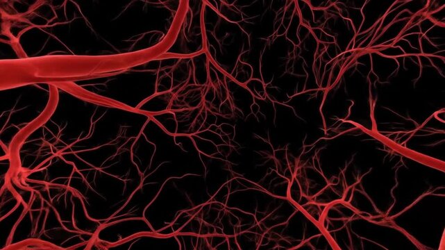 8K wallpaper - Intricate Red Blood Vessel Network - Human Circulatory System Anatomy on Black Background for Medical and Biological Concepts
