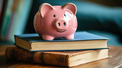 Graduation piggy bank beside stacked books, symbolizing savings for education.