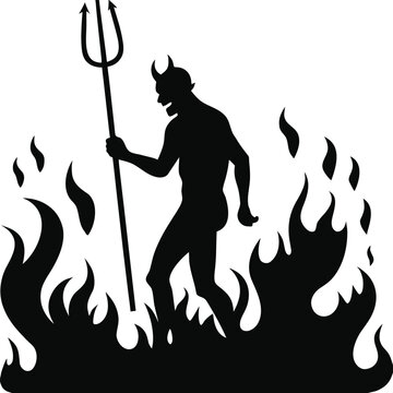 Devil with Horns and Pitchfork Standing in Flames &ndash; Spooky Silhouette Vector for Halloween and Horror Themes, devil silhouette in flames, horned devil vector, spooky pitchfork devil illustration

