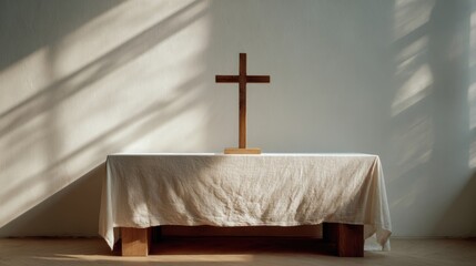 Minimalist church altar with cross illuminated by natural sunlight in simple interior.