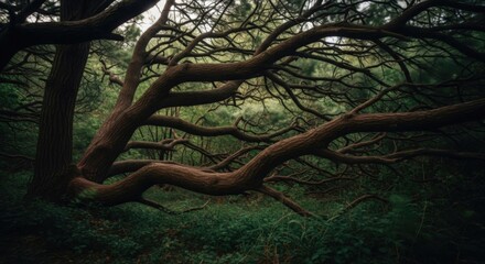 Fototapeta premium Ancient Tree Embrace: A gnarled, weathered tree, with its branches reaching across the foreground, stands in a lush, verdant forest.