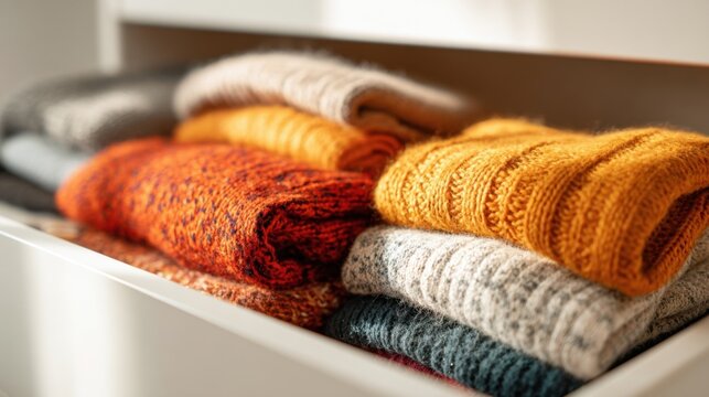 Cozy folded woolen sweaters with knit textures in warm fall tones arranged neatly on a shelf.