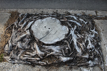 a tree stump with exposed and compacted roots on a sidewalk. infrastructure and urban decay design...