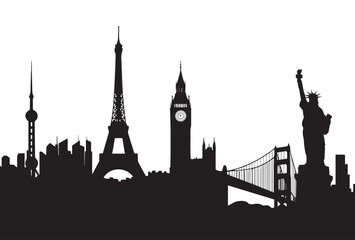 Obraz premium Global Landmarks Silhouette: A captivating skyline featuring iconic global landmarks in silhouette, evoking a sense of wanderlust and exploration.