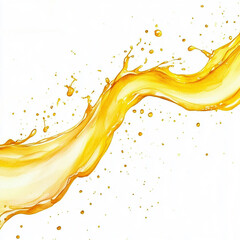 Bright yellow liquid splash with droplets on a white background. Generative AI