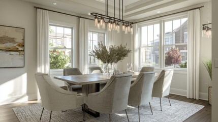 Fototapeta premium Elegant dining room featuring modern chandelier, sleek table, and comfortable upholstered chairs. Sophisticated design with bright natural light.