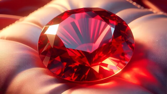 red big shiny jewelry on a pink soft silk sofa, sunlight enters with reflections