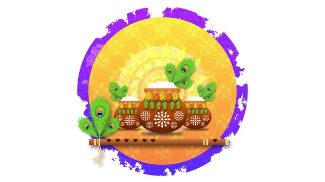 janmashtami lord Krishna's birthday celebration festival animation on white background with yellow traditional pattern, pot, flute and peacock feathers.