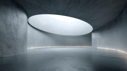 Modern minimalist concrete architectural interior with curved walls and large circular opening.