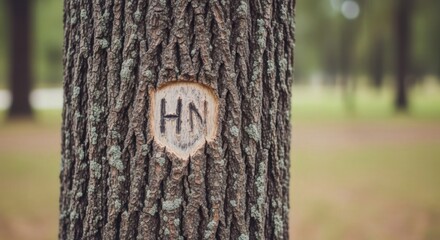 HN Carving on Tree: A close-up shot showcases a tree trunk with the initials HN carved into its textured bark, a symbol of legacy. Capturing a moment of connection.