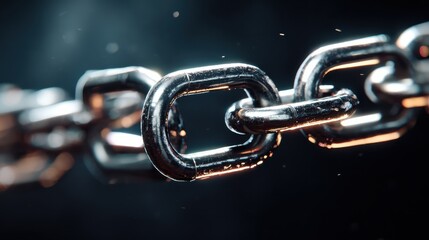 Metal chain links, close-up, metallic shine, connected, dark background with bokeh