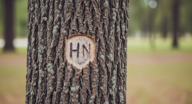 HN Carving on Tree: A close-up shot showcases a tree trunk with the initials HN carved into its textured bark, a symbol of legacy. Capturing a moment of connection.