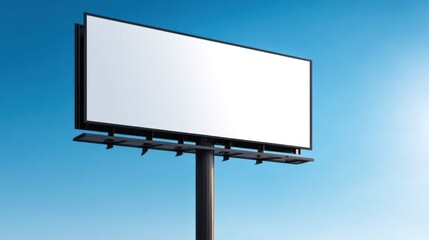 Obraz premium Tall empty billboard sign on blue sky background for outdoor advertising display.