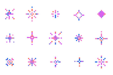 Pixel sparkles and stars Retro 8bit icons for games UX design firework effect space decor 90s Y2K pixel art graphics set. Firework burst, space decoration.