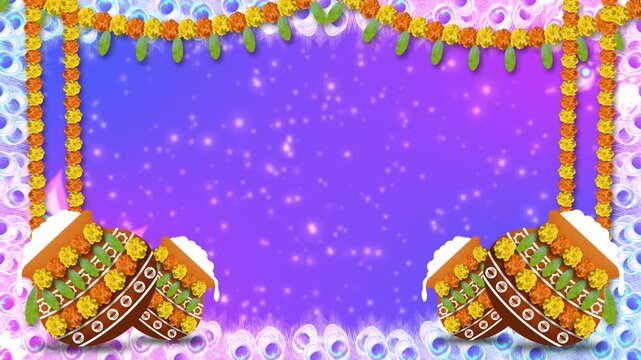 dahi handi and flower decoration with peacock feathers background for janmashtami festival celebration.