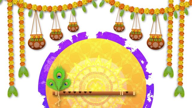 lord Krishna's flute, dahi handi and flower decoration for janmashtami festival celebration.