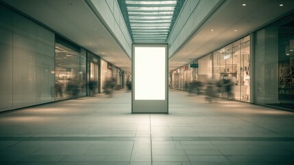 Obraz premium Modern shopping mall corridor with a large illuminated advertising display and spacious walkways.