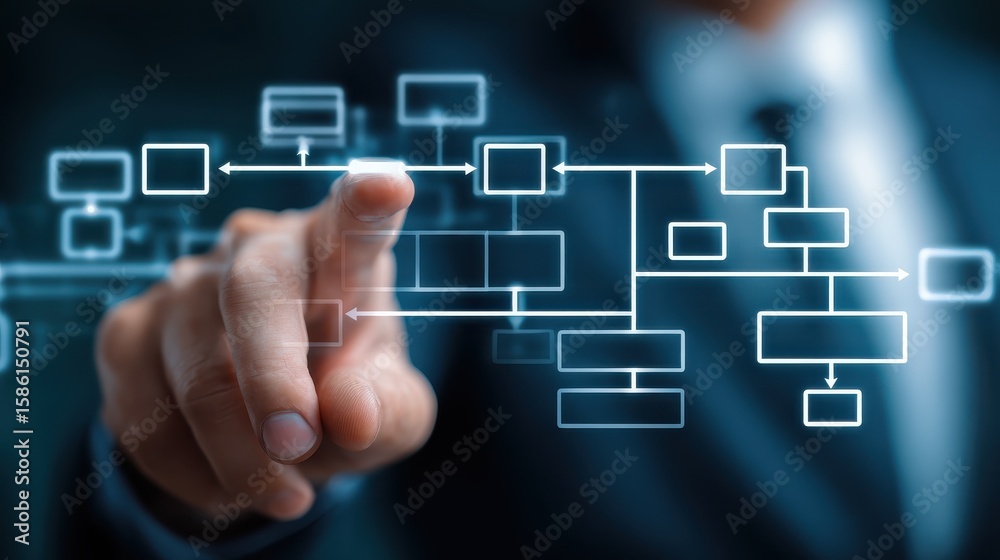 Poster businessman points flowchart processing management. scheme of hierarchy management with business pro