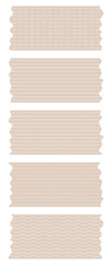 Set of beige washi tapes with patterns isolated on white. Tapes collection in vector. Pieces of decorative tape for scrapbooks. Torn paper. Lines, dots, waves, zigzag 