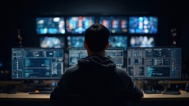 System security specialist in front of monitors. Person working in data information protection in monitoring room, computer security engineer on cyber security job