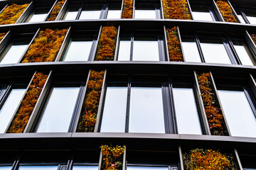 Green Building Facade with Vertical Gardens and Large Glass Windows for Sustainable Architecture