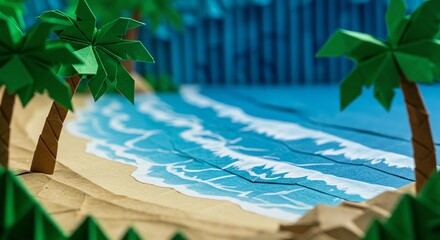 Beach with Palm Trees in Paper Origami Style - Tropical Origami Art