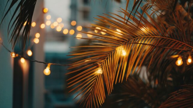 Close-up of lush tropical palm leaves and warm string lights creating cozy atmosphere. - Powered by Adobe