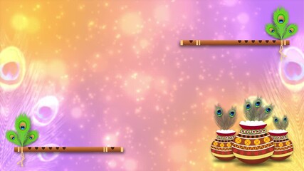 lord Krishna's birthday celebration festival decoration on bright and colourful background. pot, flute and peacock feathers decoration for janmashtami.