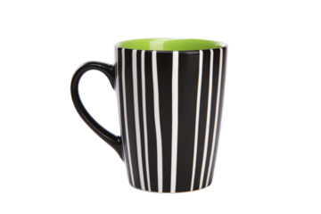 a black and white coffee cup with a green rim