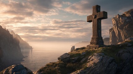 Tall Stone Cross Monument on Rocky Cliffside Overlooking Scenic Ocean at Sunset.