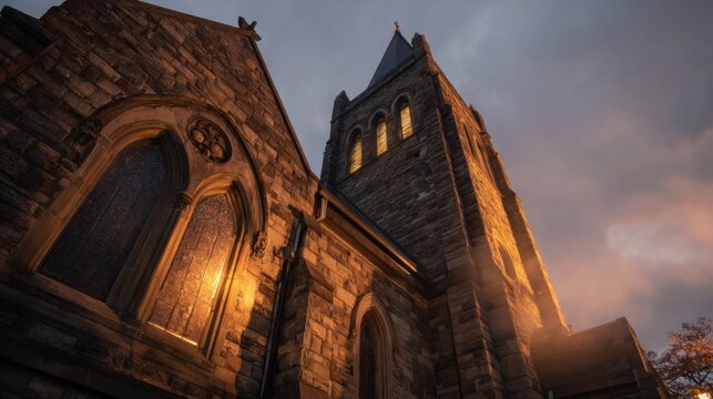 Tall historic stone church with illuminated windows and tower at dusk scene.