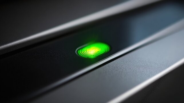 Close-up of a glowing green power indicator light on a modern electronic device or appliance.