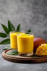 Fototapeta premium Refreshing mango juice served in glass cups on a wooden tray with fresh fruit and green leaves in a bright kitchen setting