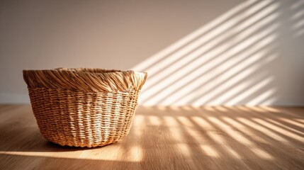 Fototapeta premium Empty Round Wicker Basket on Wooden Surface with Sunlight Shadows in Room.