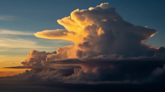 8K wallpaper, Majestic Cumulonimbus Cloud Illuminated by Golden Sunset Light in a Dramatic Sky, Atmospheric Cloudscape at Dusk or Dawn