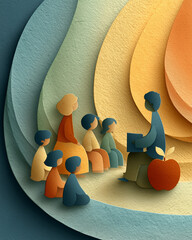 Teacher reading to children in a colorful paper-cut style illustration for World Teachers' Day  