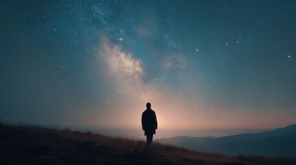 Fototapeta premium Person Standing Under Night Sky with Milky Way Visible Over Mountain Horizon Landscape.